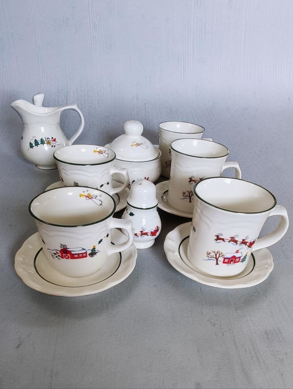 Vintage Pfaltzgraff Festive Winter Scene Set - White with Red & Green.